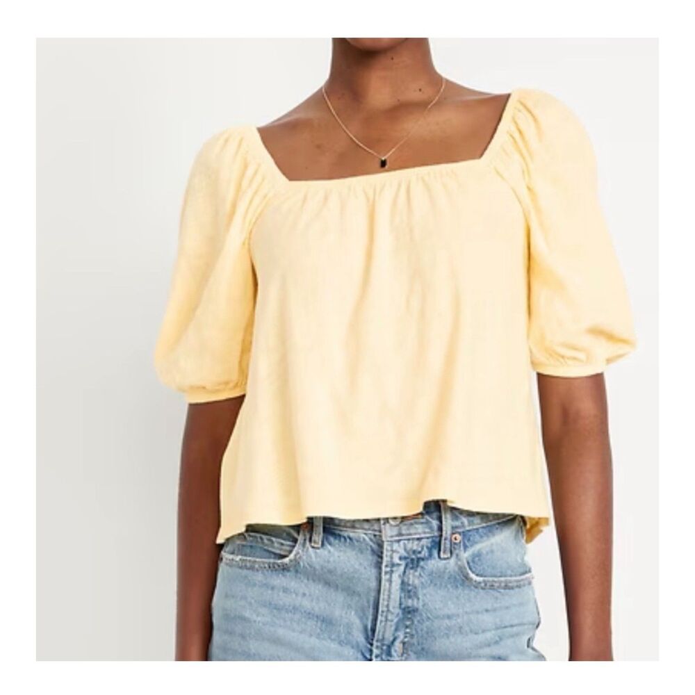 ❤️ Old Navy Women's Square Neck Puff Sleeve top Xl Yellow 100% Cotton NWT